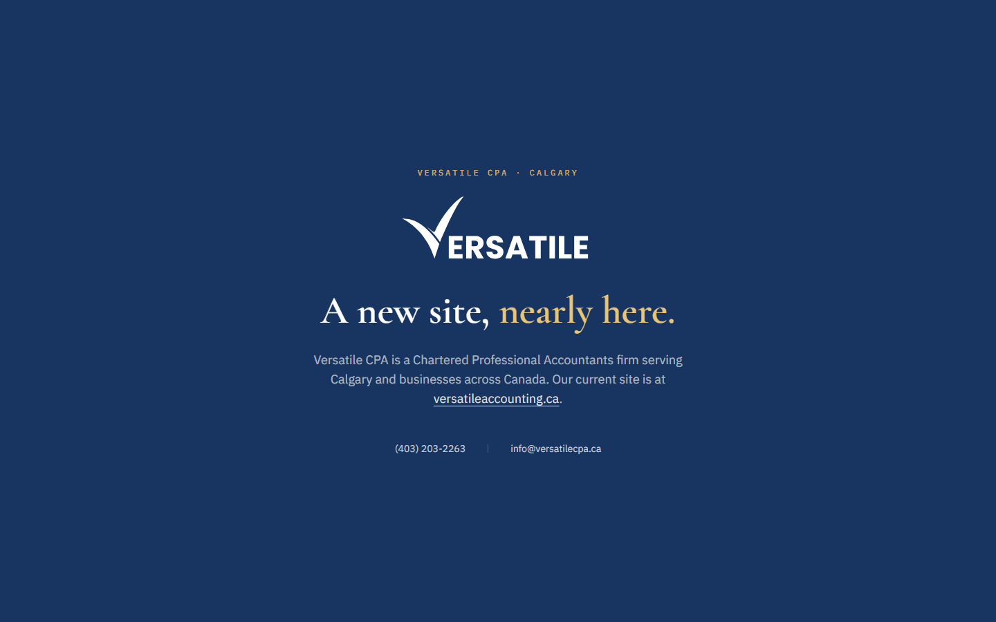 Current versatilecpa.ca placeholder, headline reads A new site, nearly here.