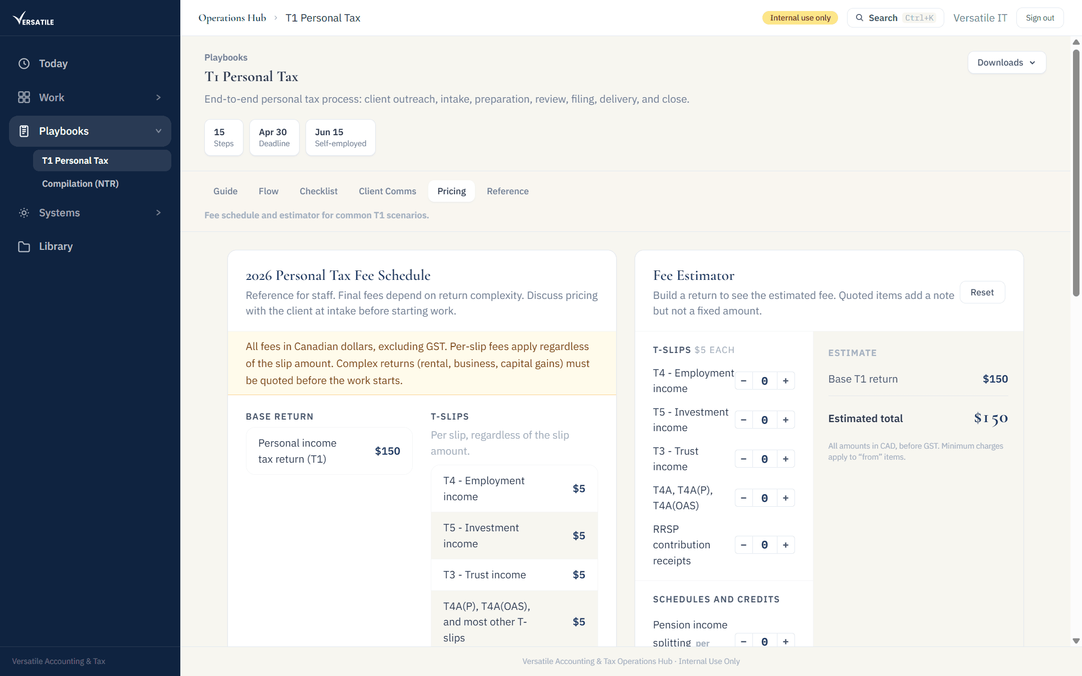T1 fee schedule alongside an interactive fee estimator