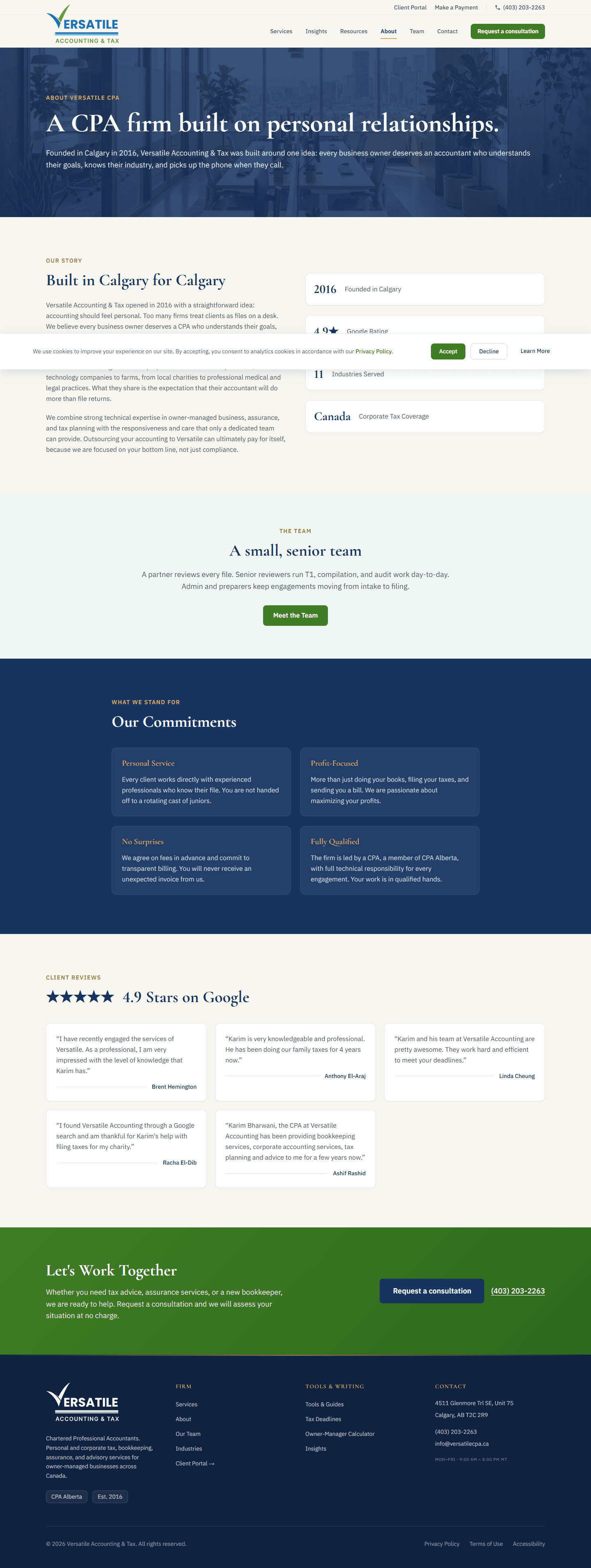 Versatile CPA About page, headline reads A CPA firm built on personal relationships