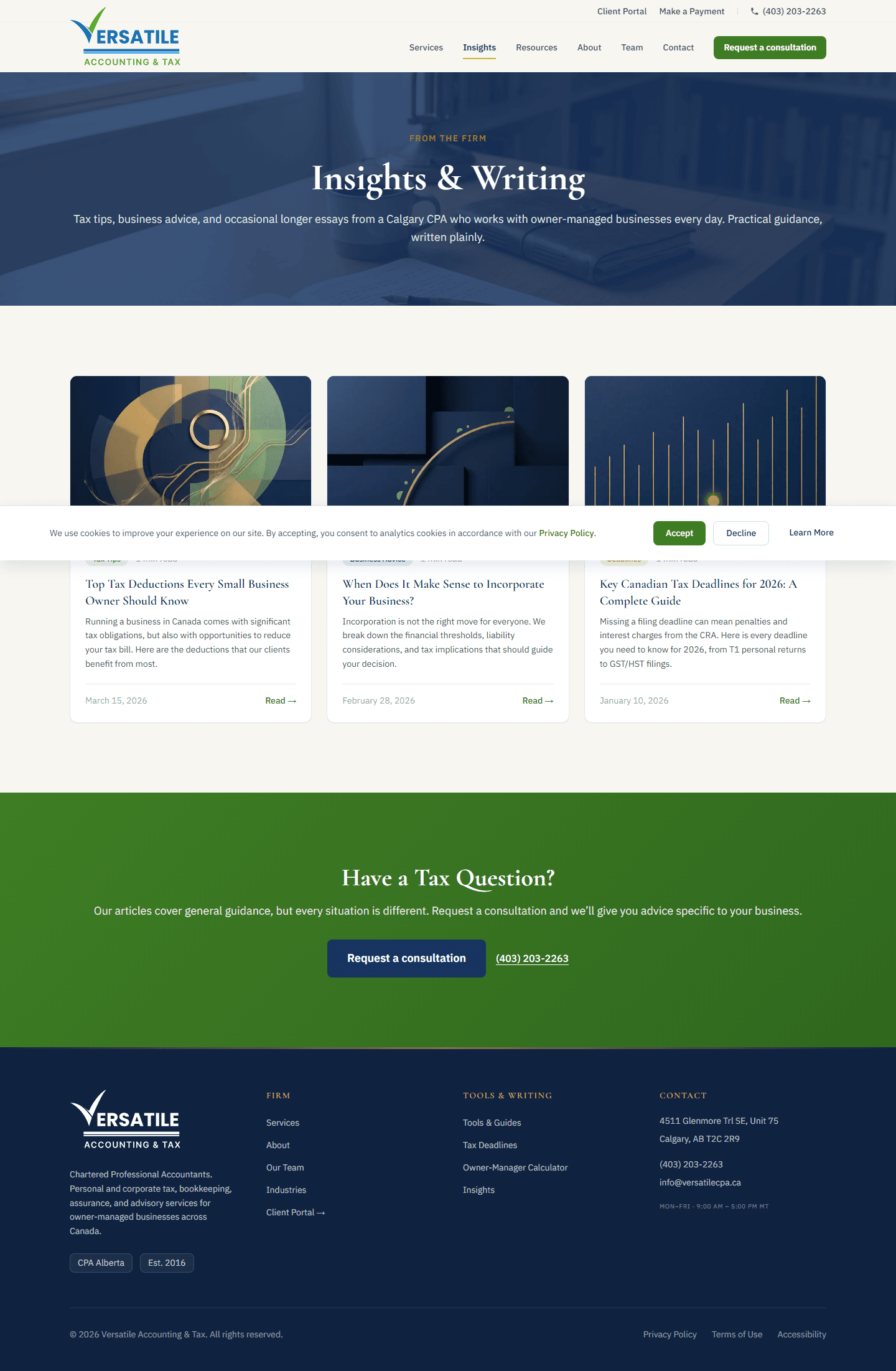 Versatile CPA Insights page, three featured articles with cover imagery