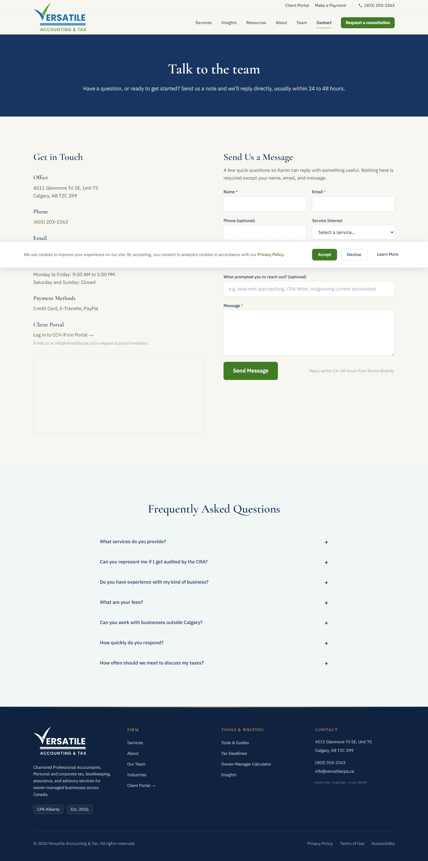 Versatile CPA Contact page, get in touch column and a send-us-a-message form