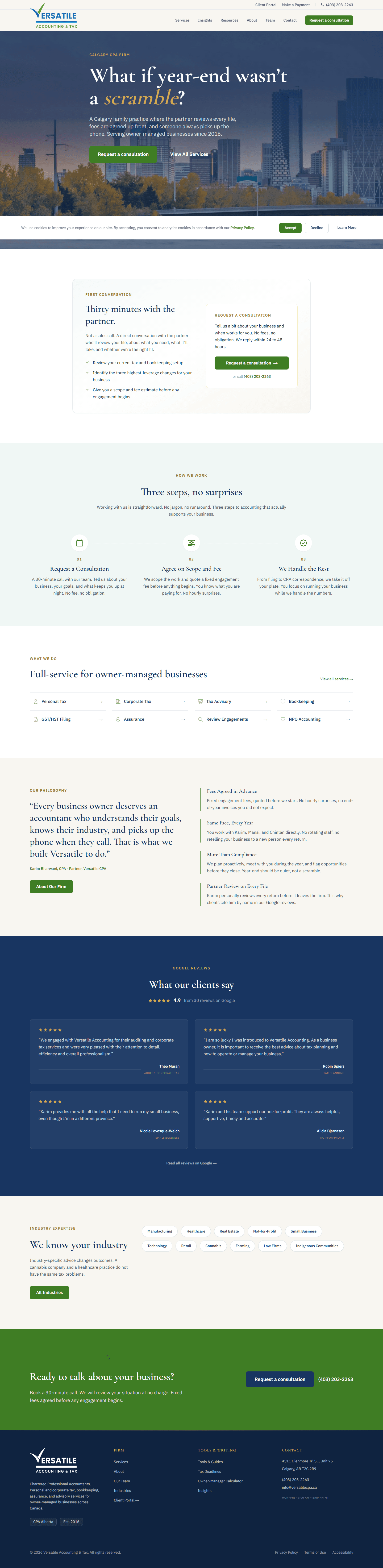 Versatile CPA homepage hero, headline reads What if year-end was not a scramble?