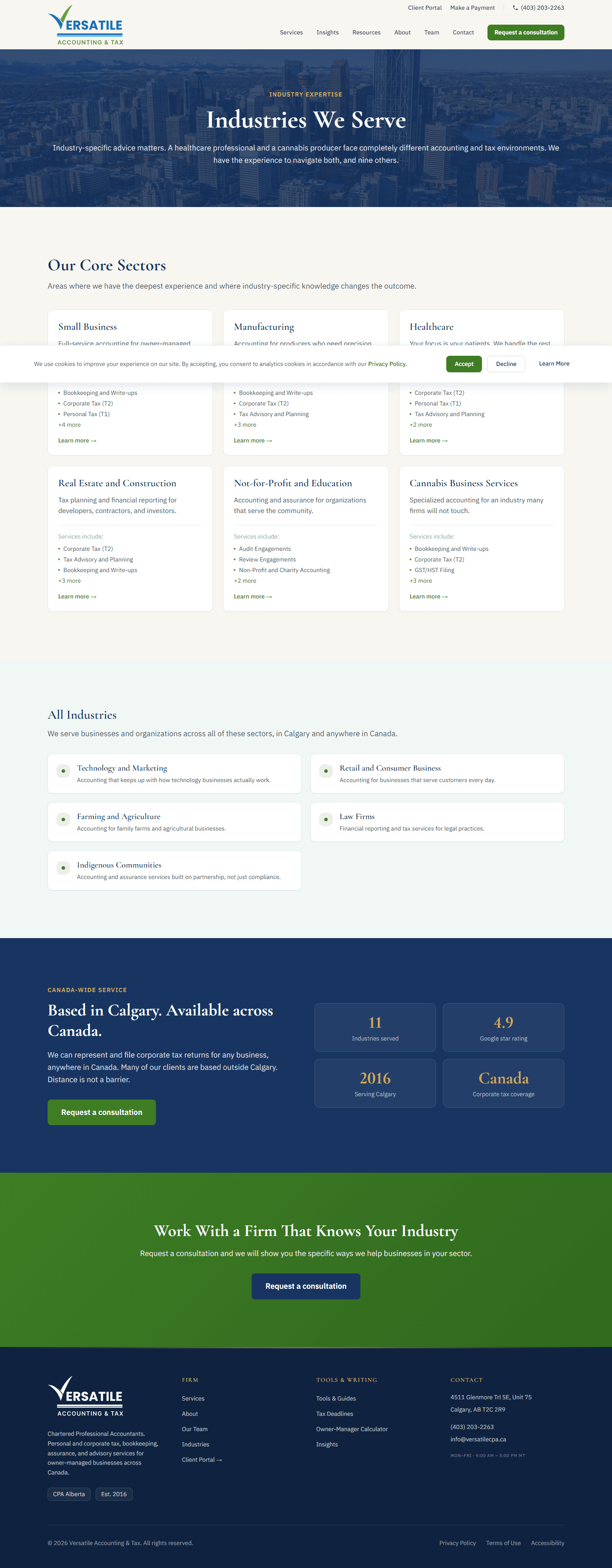 Versatile CPA Industries page, six core sectors and an all-industries grid